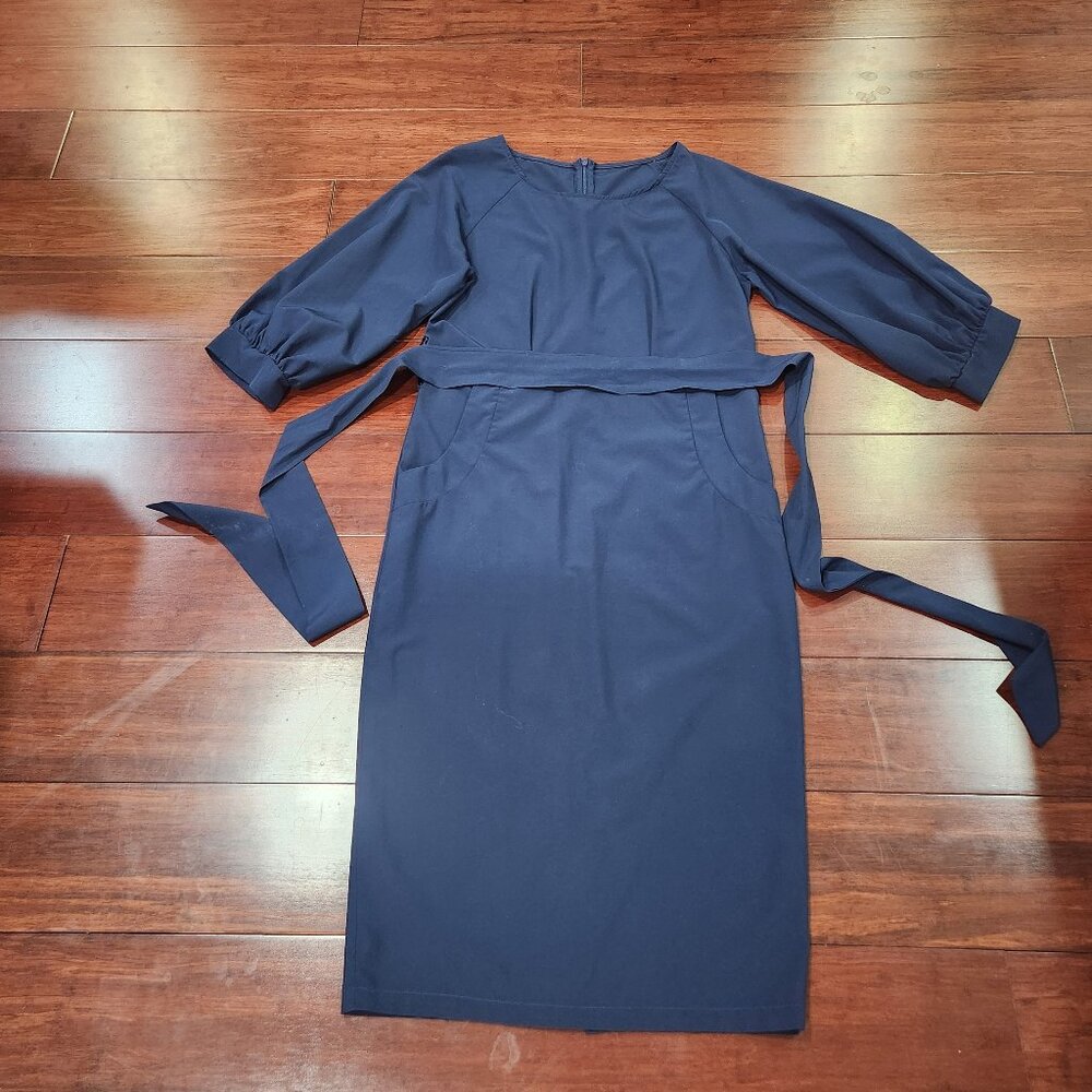 Navy Belted Midi Dress